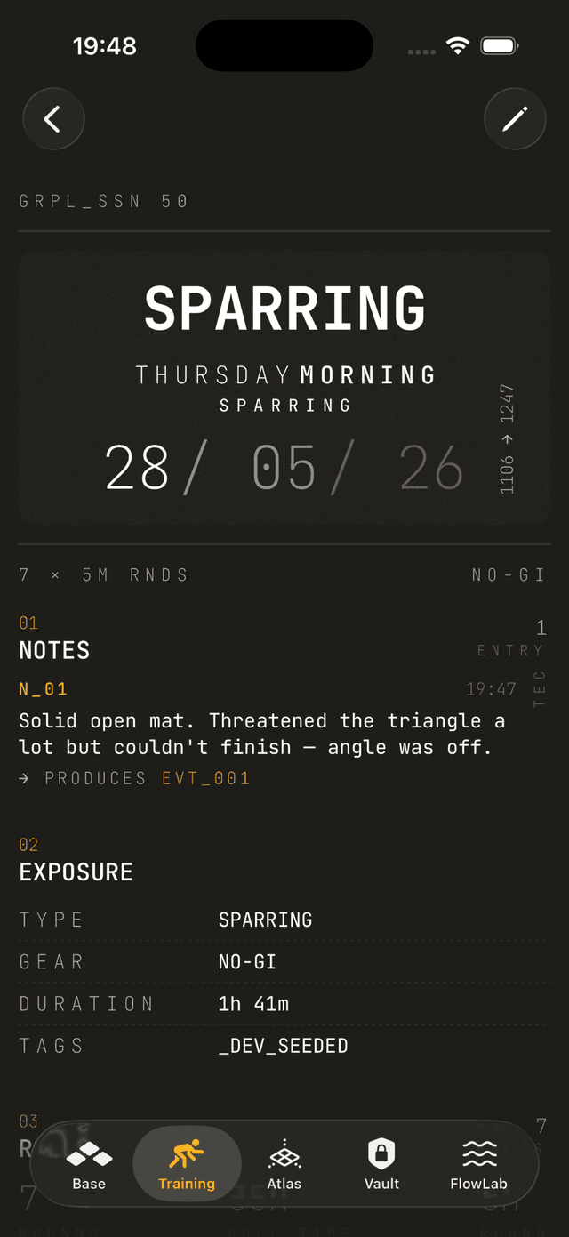 Grapla — a logged sparring session with voice notes matched to the graph