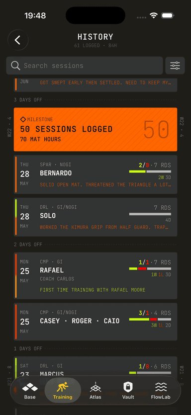 Grapla — full session history with 50 sessions logged